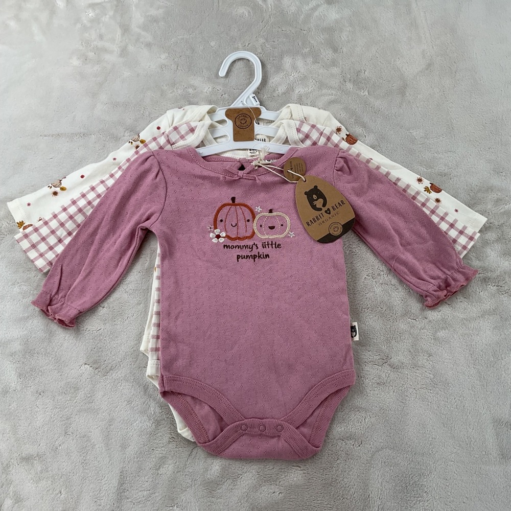 Rabbit Bear Organic 3 Pack Long Sleeve Pumpkin Bodysuits 6-9M Mauve Gingham Fall